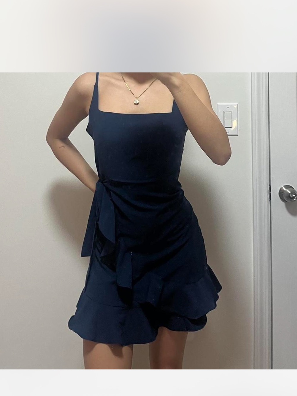 Navy Square-Neck Ruffle Wrap Midi Dress
